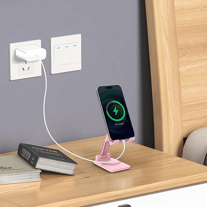 Cell Phone Stand, Angle Height Adjustable Cell Phone Holder for Desk, Fully Foldable with Silicone Pad, Compatible with iPhone and All Mobile Phones Tablet, Sturdy Weighted Base (Pink-2)