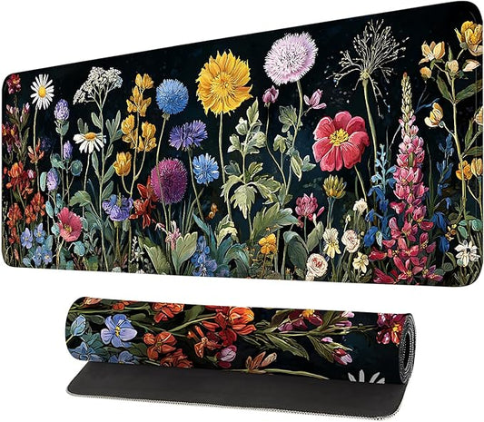 Desk Mat, XXL Extended Gaming Pad for Desktop, 35x16 Inches Vibrant Floral Colorful Flower Bouquet, Large Non-Slip Vegan Leather Surface with Stitched Edges, Keyboard Mouse Mat for Home Office