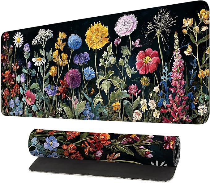 Desk Mat, XXL Extended Gaming Pad for Desktop, 35x16 Inches Dark Floral Art on Dark Background, Large Non-Slip Vegan Leather Keyboard Mouse Mat for Home Office