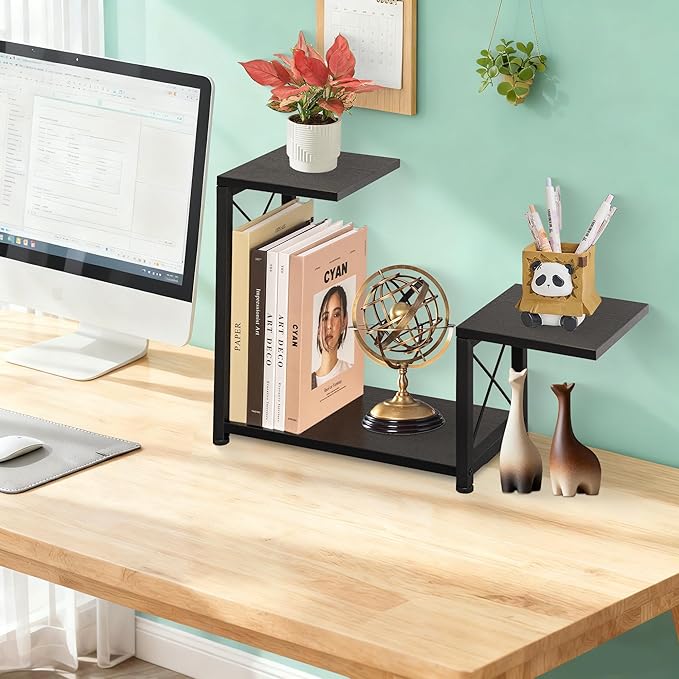 Desk Shelf Organizer, 3 Tier Storage Shelf Riser Display Stand, Wood Desktop Organizer Small Bookshelf, Desktop Shelf for Office Decor and Desk Accessories,Rustic Brown Black