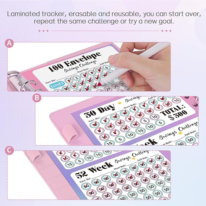 Sooez 100 Envelopes Money Saving Challenge, Savings Challenges Book with Envelopes, Flexible Saving $5050, $2600, $300, Savings Binder with 100 Pocket Pre-Number & Reusable Laminated Tracker