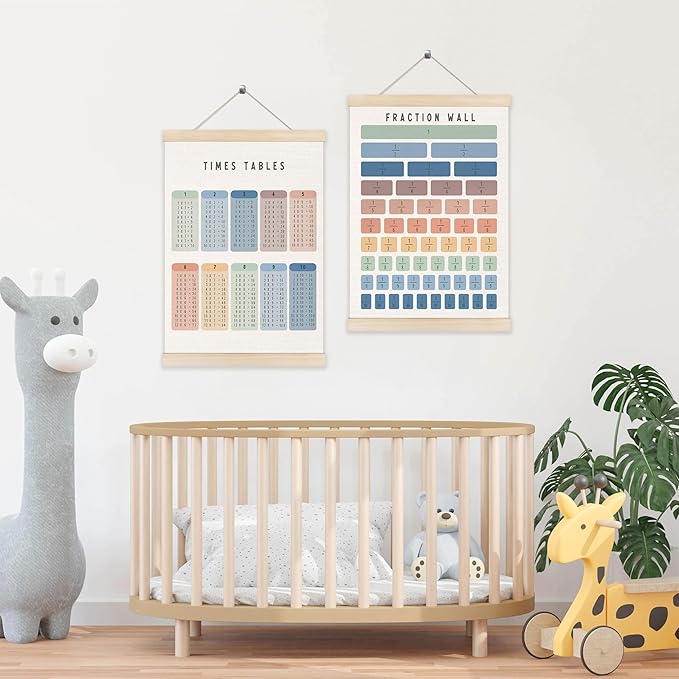 Koesus Multiplication and Fraction Chart Wall Art Poster Hanger Frame 12x16 Inch Set of 2, Math Educational Canvas Pictures Prints Framed Wall Decor for Kids Room Classroom Playroom Preschool
