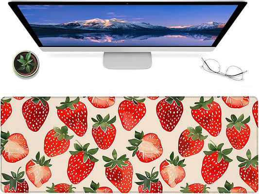 Cute Strawberry Gaming Mouse Pad – 12x31.5in Non-Slip Rubber Desk Mat with Fresh Fruit Design – Large Extended Mousepad for Office Home – Deskmat Gifts for Food Lovers Decor