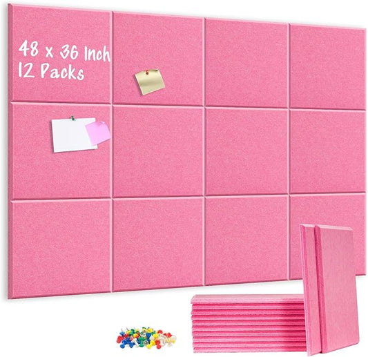 DOLLAR BOSS Large Cork Board for Wall 48" x 36" x 0.5" Pink Bulletin Board 12 Packs Corkboard Tiles Self Adhesive Felt Wall Tiles for Office Home School, Pink