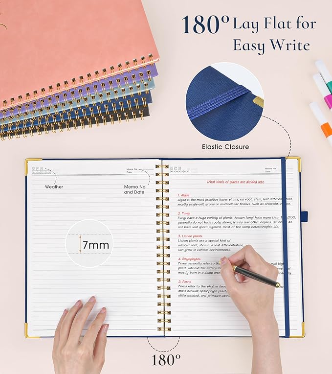 Hardcover Spiral Notebook Journal 8.5” x 11”, A4 Large Leather Notebooks for Women Men, Lined College Ruled Notebook, 100 GSM Paper, Spiral Bound Journals for Work School Note Taking Business, Navy