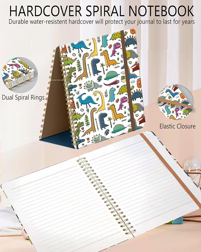 Spiral Journal Notebook, A5 Cute Notebooks for Women Men, College Ruled Hardcover Notebook for Work & Note Taking, 60 Pages Double-Wire Journals for Writing, Cute Dinosaurs