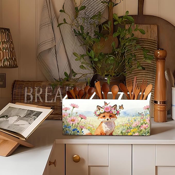 Fox Pen Pencil Holder for Desk Accessories, Fox Gifts for Women, Animal Lovers Gifts, Rustic Butterfly Flower Wild Animal Wooden Box Sign Decorations for Kids Room Home Office Desk Tabletop