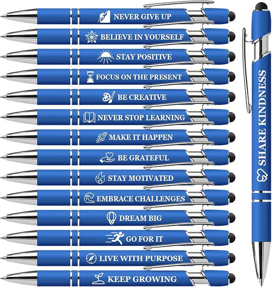 15 Pack Motivational Pen Set - Inspirational Quotes Retractable Ballpoint Pens for Office School Supplies, Encouragement Gifts for Women Men, Blue