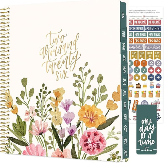 bloom daily planners 2026 Planner (January to December) - 8.5” x 11” Weekly & Monthly Dated Agenda Organizer Book with Stickers & Tabs - Flexible Soft Cover - Beige Bouquet