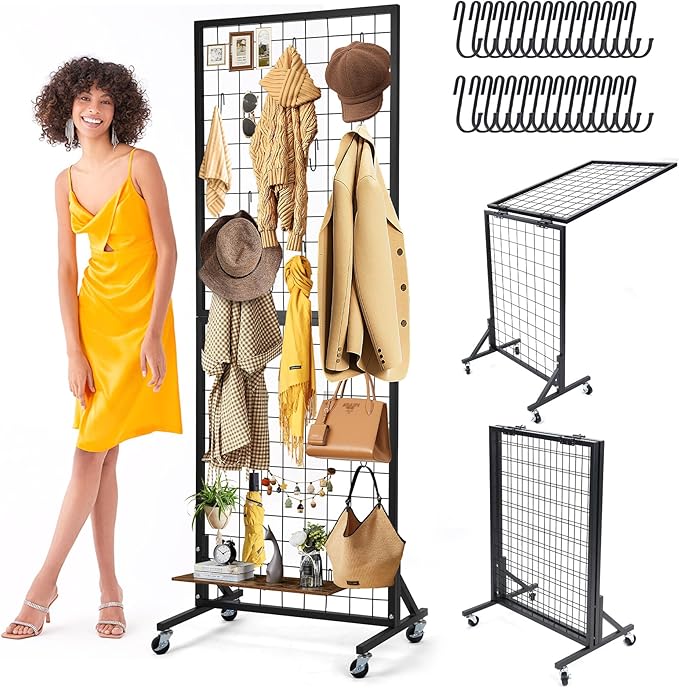 Foldable Grid Wall Panels Display Rack 5.6' x 2' FT with 30 Hooks, Movable Gridwall Display Stand for Retail Display Craft Merchandise
