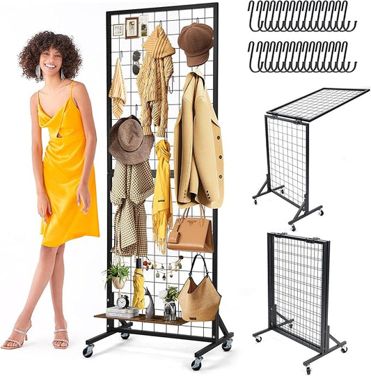 Foldable Grid Wall Panels Display Rack 5.6' x 2' FT with 30 Hooks, Movable Gridwall Display Stand for Retail Display Craft Merchandise
