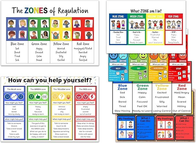 Zones of Regulation Bulletin Board Set Chart for Kids - Feelings Posters - 6 Set Unframed 12x18inch (30x45cm)