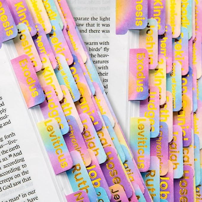 2 Pack Bible Tabs, Gold Foil Laminated Bible Tabs, Bible Tabs for Women & Men, Christian Gifts, Large Print Bible Tabs with Unique Sticker, Bible Book Index Tabs Labels, Bible Study Supplies, Rainbow