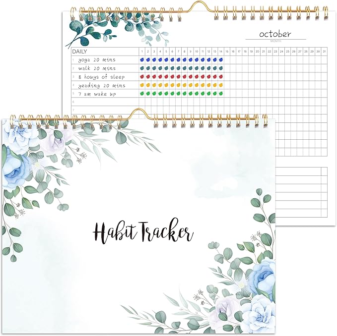 Habit Tracker Calendar - 12 Months Undated Daily Weekly & Monthly Period Habit Tracker Journal, Greenery Floral, Spiral Binding & Hanger, 7.8"x10"