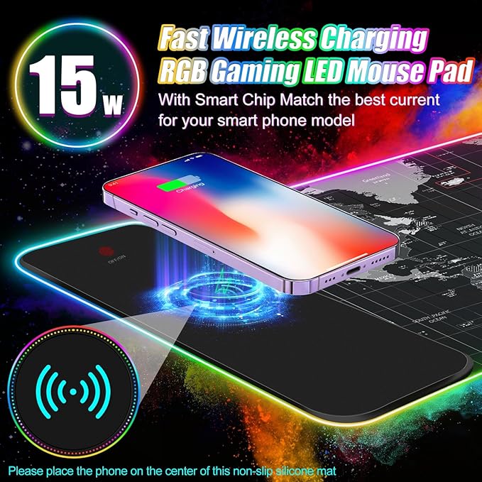 ToLuLu Wireless Charging RGB Gaming Mouse Pad, 15W LED Mouse Mat with 30W Charger, 14 Light Modes Large Mousepad with Wrist Support, Non-Slip Rubber Base Desk Mat Computer PC Keyboard Pad World Map