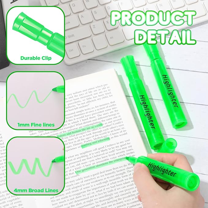 Qilery 30 Pack Highlighters Bulk, Tank Style Chisel Tip Highlighters Markers Pack Quick Drying for Adult Coloring, Home Office Supplies (Green)