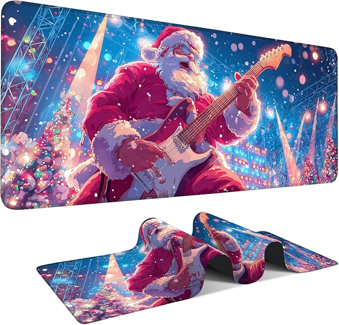 Santa Claus Guitar Extended Gaming Mouse Pad 35.4 x 15.7 Inch – Festive Desk Mat for Gaming, Holiday Work, and Home Office, with Non-Slip Rubber Base and Stitched Edges