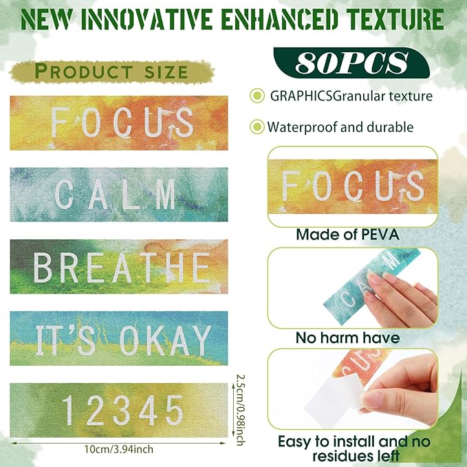 Crtiin 80 Pcs Anxiety Sensory Stickers with Inspirational Quotes Calm Textured Relief Mental Health Stickers Office Adhesive Sensory Tape Anti Stress for Adults(Dazzling)