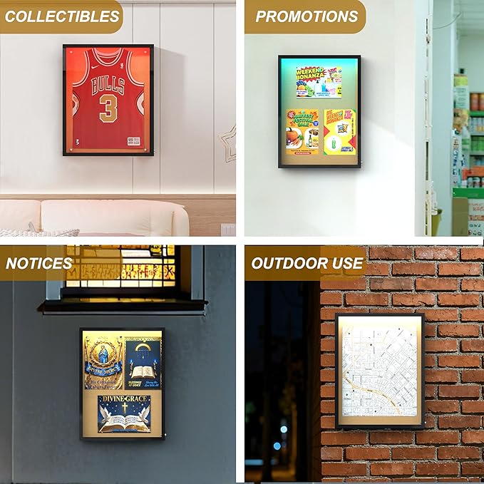 26"X20" Enclosed Bulletin Board with LED Lights, Tamper-Proof Wall Display Case,Outdoor IP65 Waterproof Lockable Cork Bulletin Board for Office, School, Restaurants,Black Frame