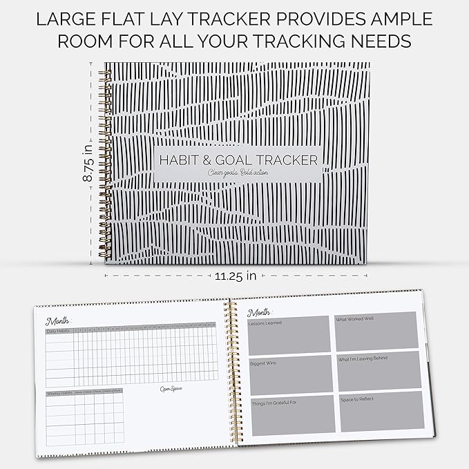 Habit Tracker & Goal Planner with Mood & Savings Trackers (8.75" x 11.25") - Undated Weekly & Monthly Habit Tracking - Goal Setting Journal - Spiral Binding with Modern Black Aesthetic Design