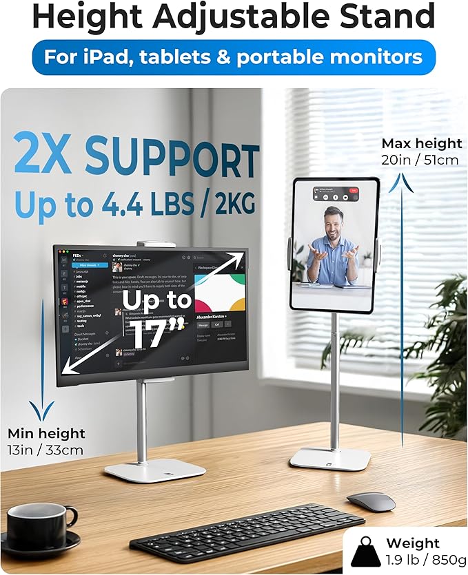 COOPER TabStand, 20" Tall iPad Stand for Desk, Portable Monitor Holder up to 17" Holds 4.4lb, Desktop Tablet Stand, Tablet Mount, Apple iPad Holder for Desk, for Samsung, Kindle, Fire (Frost White)