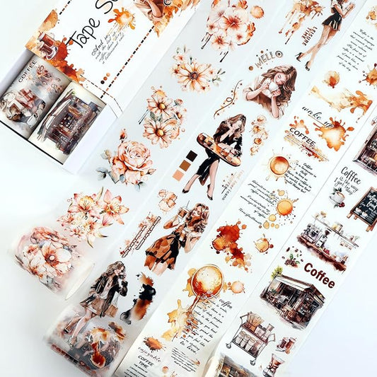 Dizdkizd Pre-Cut Coffee Themed PET Washi Tapes for Journaling, Scrapbooking, Vintage Aesthetic Tape Stickers for Junk Journal, Crafts, Planners, 4 Rolls