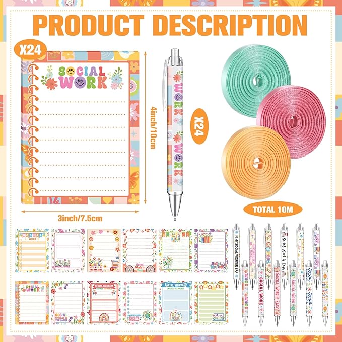 Eaasty 24 Sets Christmas Social Worker Appreciation Gifts Bulk Notepads and Ballpoint Pens Set with Ribbon Social Work Month Gifts for School Staff Coworker Office Supplies