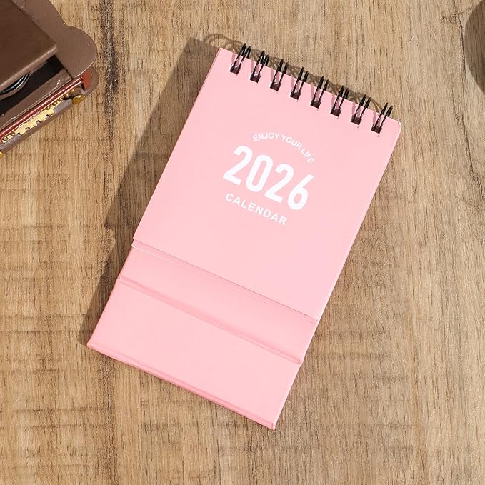 Mini Desk Calendar 2026-2027 - Use January 2026 to June 2027 Small Desktop Calendar Mini Daily Schedule Thick Paper Twin-Wire Binding with Stickers for Home Office School (Mini Pink)