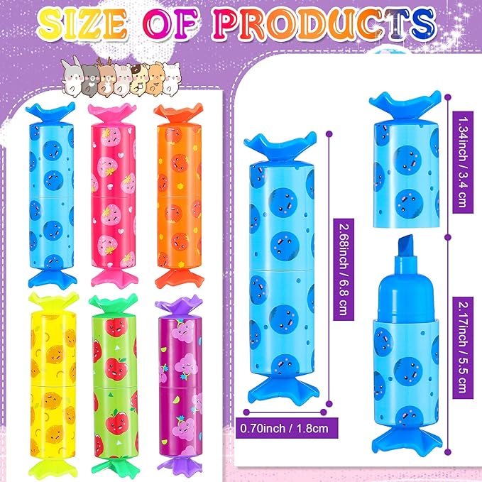 Geyee 24 Pieces Mini Highlighter Candy Pastel Highlighter for Kid Student 6 Colors Cute Chisel Tip Marker Pen for Candy Party Birthday Drawing Poster Diary Greeting Card School Office Supplies