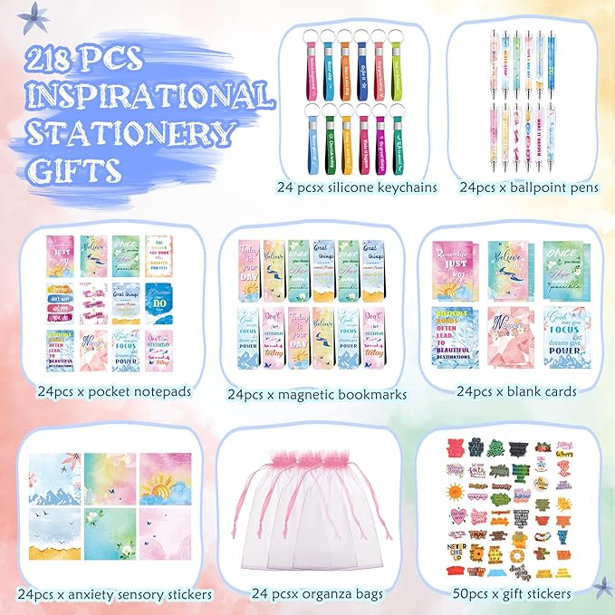 Pasimy 218 Pcs Inspirational Stationery Gifts Motivational Mini Notepad Pen Quote Bookmarks Stress Relief Stickers Inspiring Silicone Keychains for Adult School Office Appreciation (Watercolor)