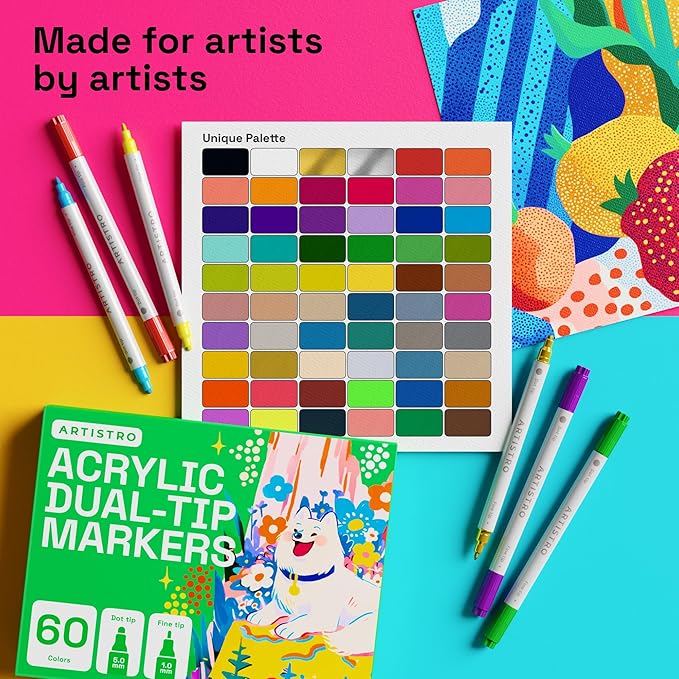 ARTISTRO 60 Acrylic Paint Markers for Rock, Fabric, Wood, Glass, Decoration - Dual-Tip Paint Pens for Coloring Books for Adults, Teens, Kids - Art and Craft Supplies Kit - Gift Idea