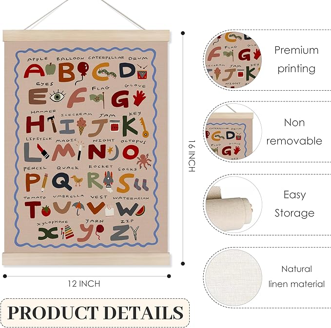 Koesus ABC Alphabet Wall Art Poster Hanger Frame 12x16 Inch, Boho Alphabet Educational Canvas Pictures Prints Framed Wall Decor for Toddler Room Classroom Playroom Nursery