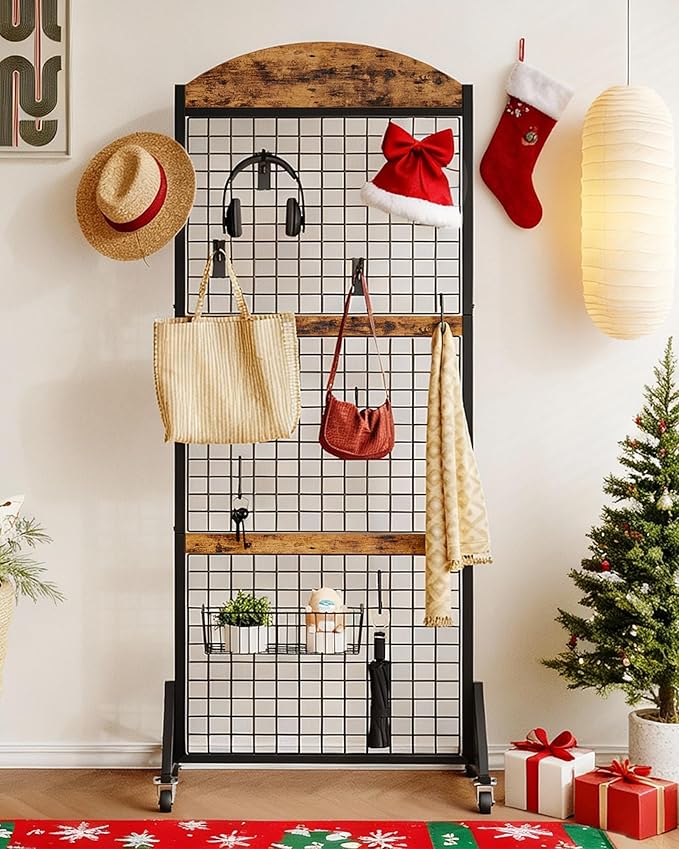Grid Wall Panel 5.7’ x 2’ FT Grid Display Rack, Movable Gridwall Display Stand with Wheels,Floorstanding Wire Grid Rack with 4 S-Shaped Hooks and 4 Garment Hooks Rustic Brown and Black TCJ17BF