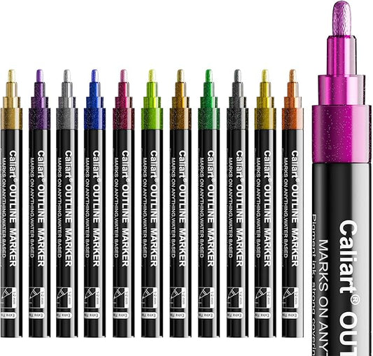 Caliart 12 Colors Outline Markers Shimmer Glitter Pens, Doodling Marker Set for Adults Artists, Cool Fun Craft Drawing Art Supplies