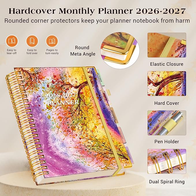 Planner 2026-2027, 18 Months Weekly and Monthly Daily Planner from January 2026 - June 2027, 5.75" x 8.38" A5 Hardcover Agenda Organizer Book 2026 with Tabs, Spiral Yearly Calendar Planners for School Work Home, Autumn Tree