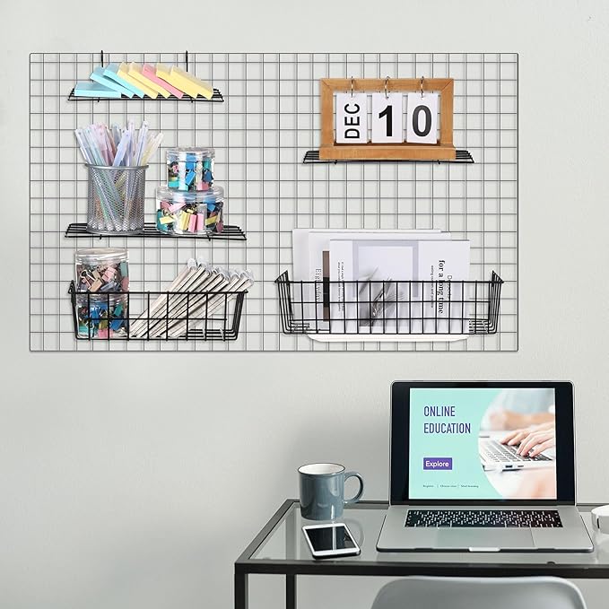 9 Pcs Grid Wall Shelves Gridwall Accessories Wall Grid Panel Hanging Basket with Hooks Set Includes 3 Basket 3 Wire Straight Shelf 3 Hooks Rack for Home Storage Display Organizer(Black)