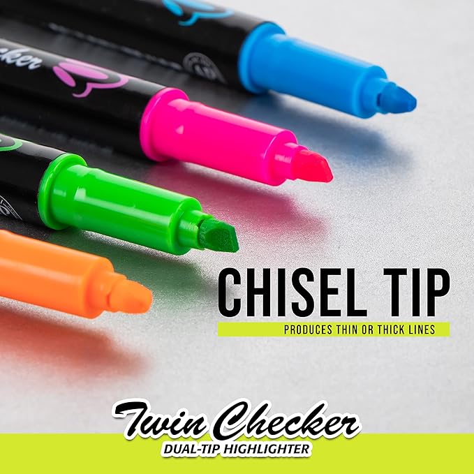 Pentel Twin Checker Dual-tip Highlighter, Chisel Tip, Assorted Colors, Pack of 4 (SLW8BP4M)