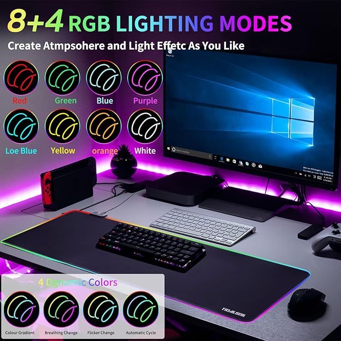 RGB Gaming Mouse Pad, 31.5 x 11.8 Inch Oversized Mouse Mat with 12 Light Modes, Non-Slip Rubber Base, Large Keyboard Pad for PC Gaming, Office, Black