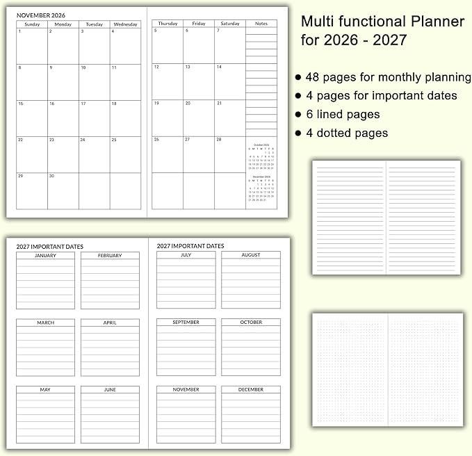 A5 Calendar Planner Jan 2026 - Dec 2027, Travelers Notebook Inserts for 2 Years, Monthly Calendar & Important Dates & Line & Dotted, 100gsm Paper, 8.3 x 5.5 in (Purple)