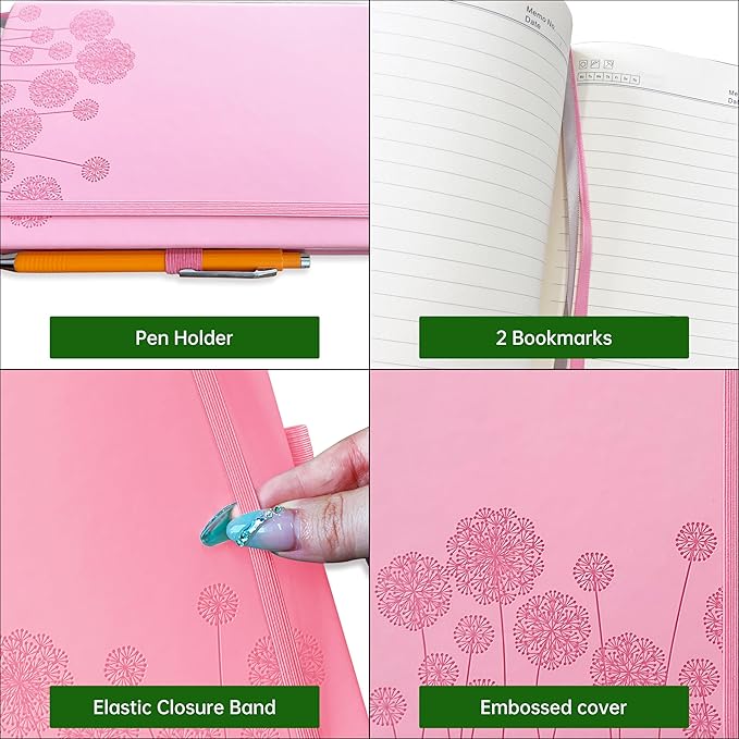 Notebook Journal for Women,A5 Hardcover Leather Journaling Notebooks for Work,200 Pages Travel Journal for Women Men with Pen Holder and Ribbon,5.78"×8.34"(Pink)
