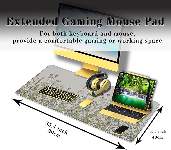 Large Mouse Pad Wildflower Desk Mats Office Mouse Pads Keyboard Mousepads Oversized Mouse Pad Non-Slip Rubber Base Waterproof with Stitched Edges 35.4 X 15.7 for Game Office,