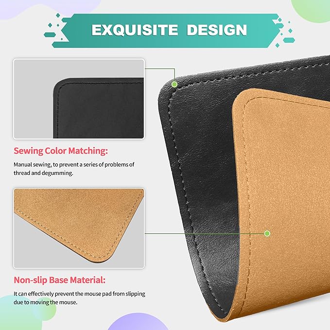 Mouse Pad, PU Mouse Pad，Leather Mouse Pad with Stitched Edge Micro-Fiber Base with Non-Slip Waterproof，Mouse Pad for Computers，Laptop, 8x11Inch (Caramel Black)