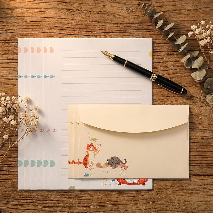 Cute Cat Stationery Set 12 PCS Vintage Letter Paper Writing Kit Personalized Stationary Paper and 6PCS Envelopes Set for Women,Pen Pal Supplies Business Papers Handwriting Holiday Greetings