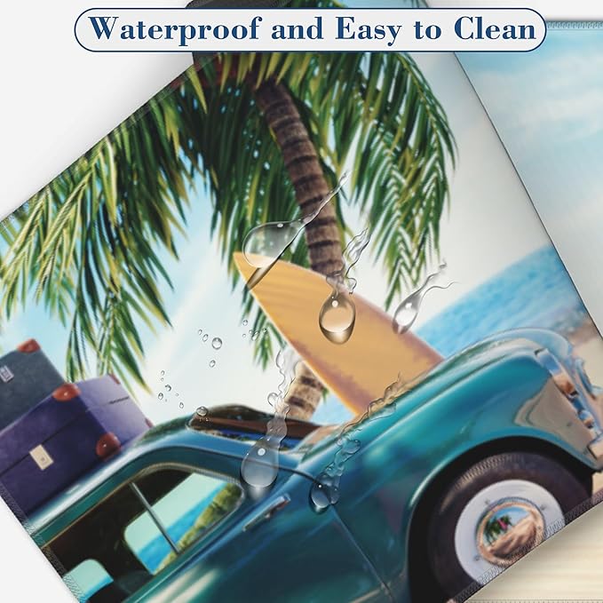 Large Mouse Pad Green Car with Luggage Extended Gaming Mousepad Summer Beach Desk Pad with Non-Slip Base and Stitched Edge Keyboard Pad 11.8 x 31.5 Inch Mouse Mat for Home Office Desk Decor