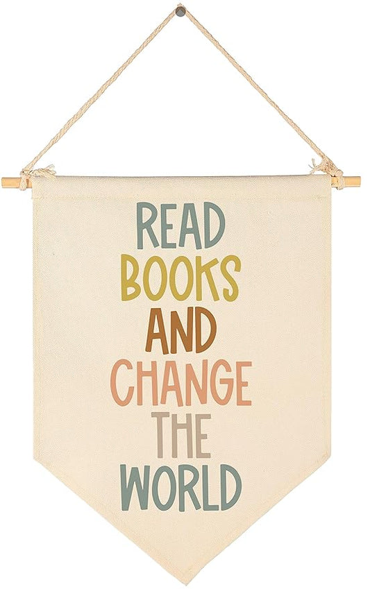 Read Books And Change The World Banner-Inclusive Classroom Decor-Homeshool Reading Room Decortions-Teacher Gift-Canvas Hanging Pennant Flag Banner Wall Sign-Back to School Requisite