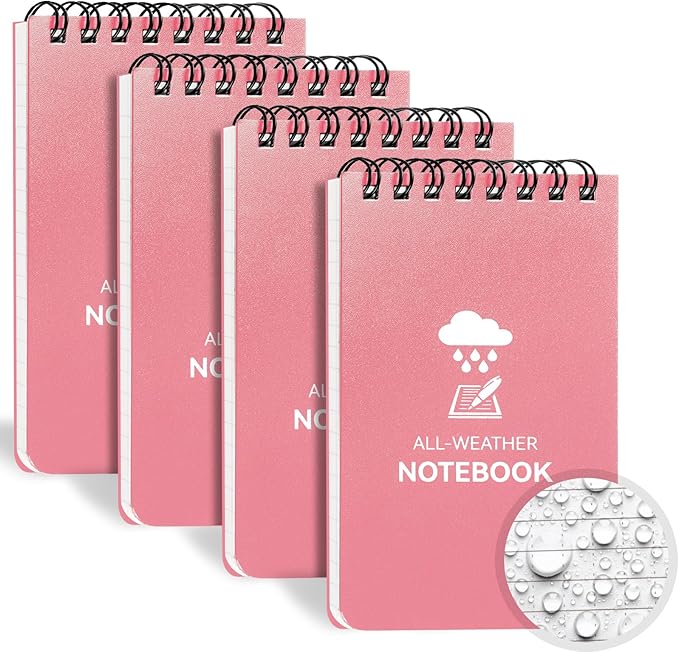 Waterproof Notebook, 4 Pack Top-Spiral Pocket Notepad, 3" x 5" Weatherproof NotePad, All Weather Police Pocket Notebook Little Memo Steno Note Pads for Outdoor Office School Recording, Pink
