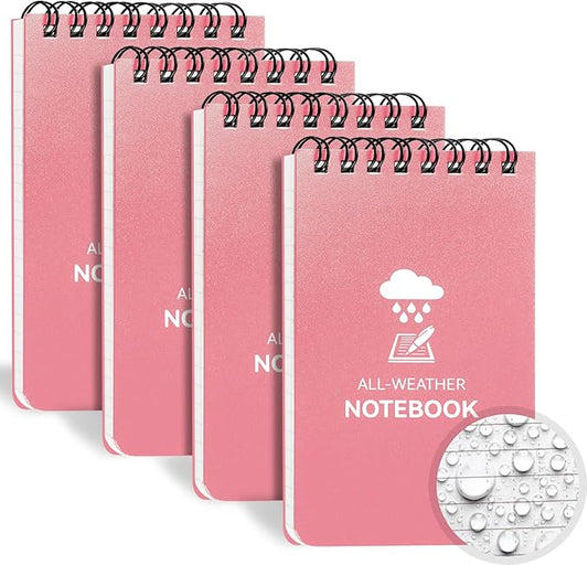 Waterproof Notebook, 4 Pack Top-Spiral Pocket Notepad, 3" x 5" Weatherproof NotePad, All Weather Police Pocket Notebook Little Memo Steno Note Pads for Outdoor Office School Recording, Pink
