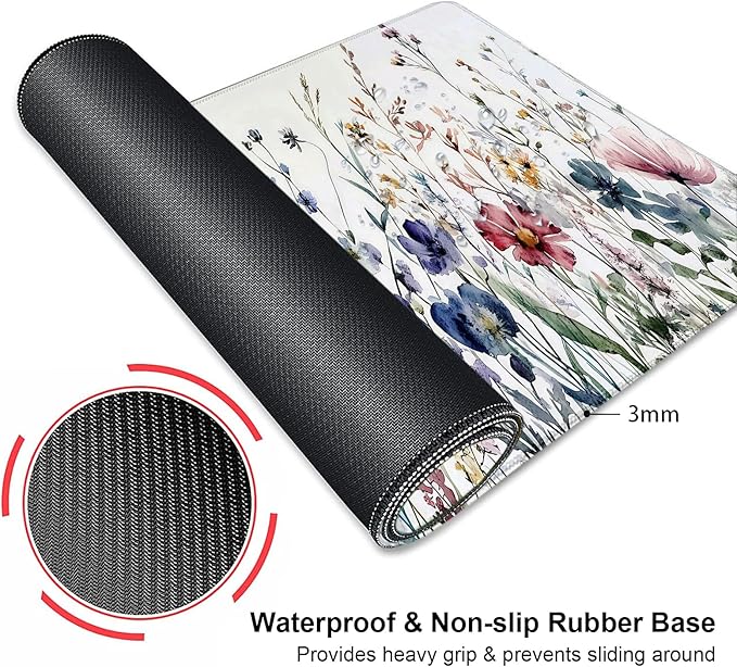 Wildflowers Flower Floral Large Mouse Pad, Desk Mat Computer Keyboard Pad Non-Slip Rubber Base Waterproof with Stitched Edges for Laptop Gaming, Office & Home 31.5 x 11.8 Inch