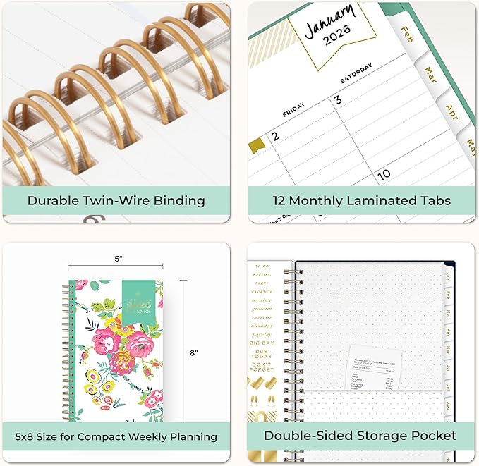 Blue Sky Day Designer 2026 Weekly and Monthly Planner Calendar, January 2026 - December 2026, 5" x 8", Clear Pocket Cover, Durable Twin Wire Binding, Includes Storage Pocket, Stickers, Peyton White