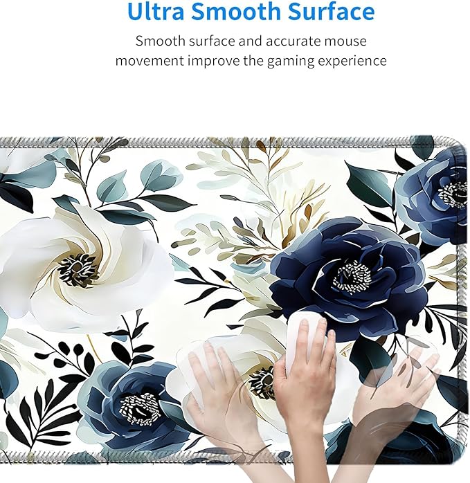 Blue Floral Mouse Pad 31.5x11.8 Inch, Large White Peony Flowers Desk Mat with Non-Slip Base, Micro-Woven Fabric, Stitched Edges for Office Computer